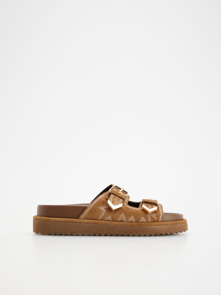 Leather sliders with buckles - brown - RESERVED