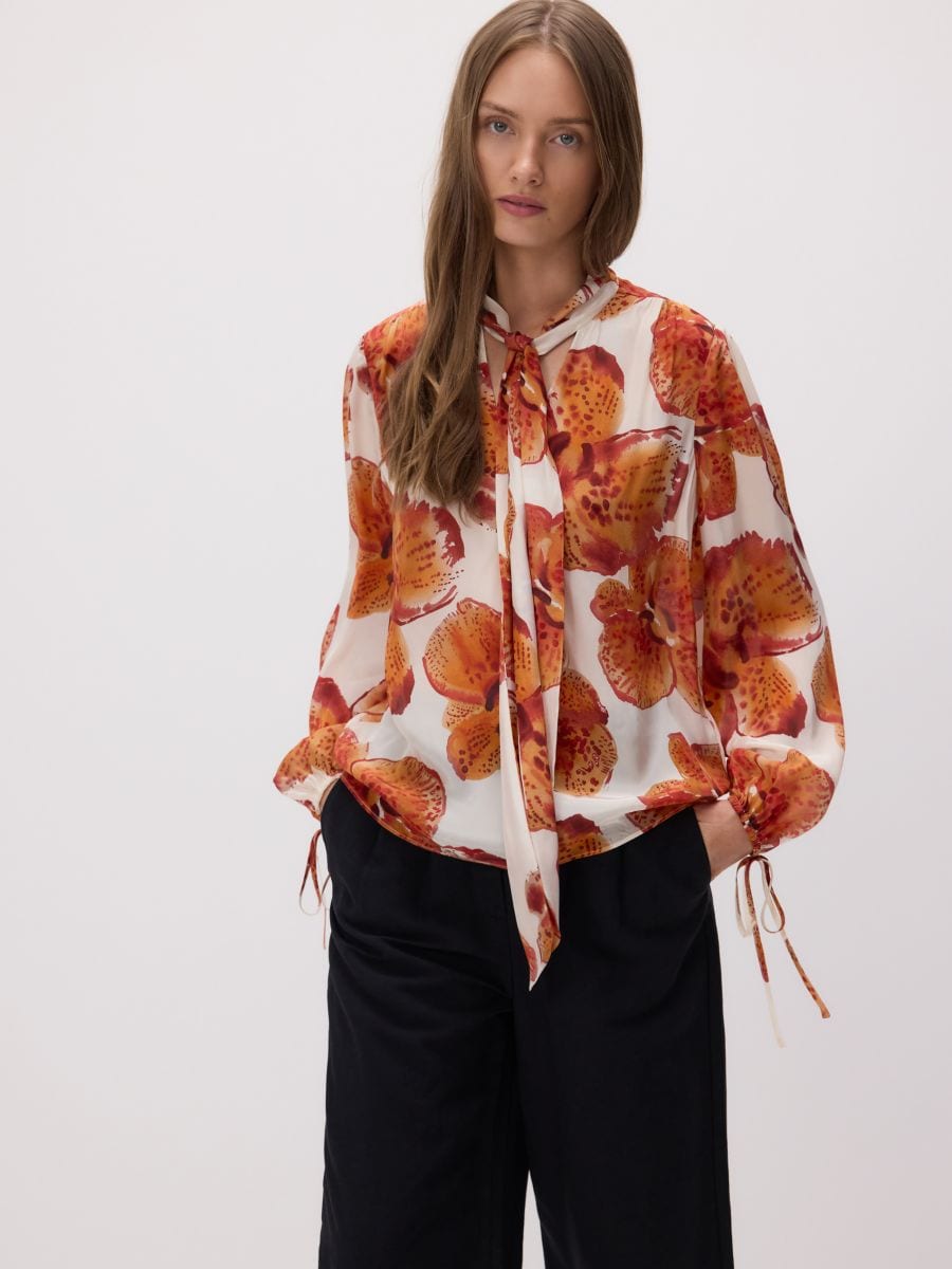Viscose shirt with tie detail - multicolor - RESERVED - 4