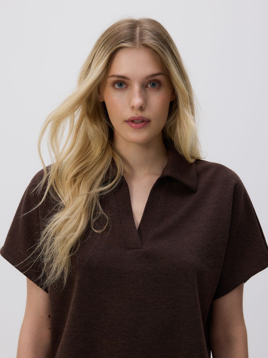 Blouse with open collar - dark brown - RESERVED