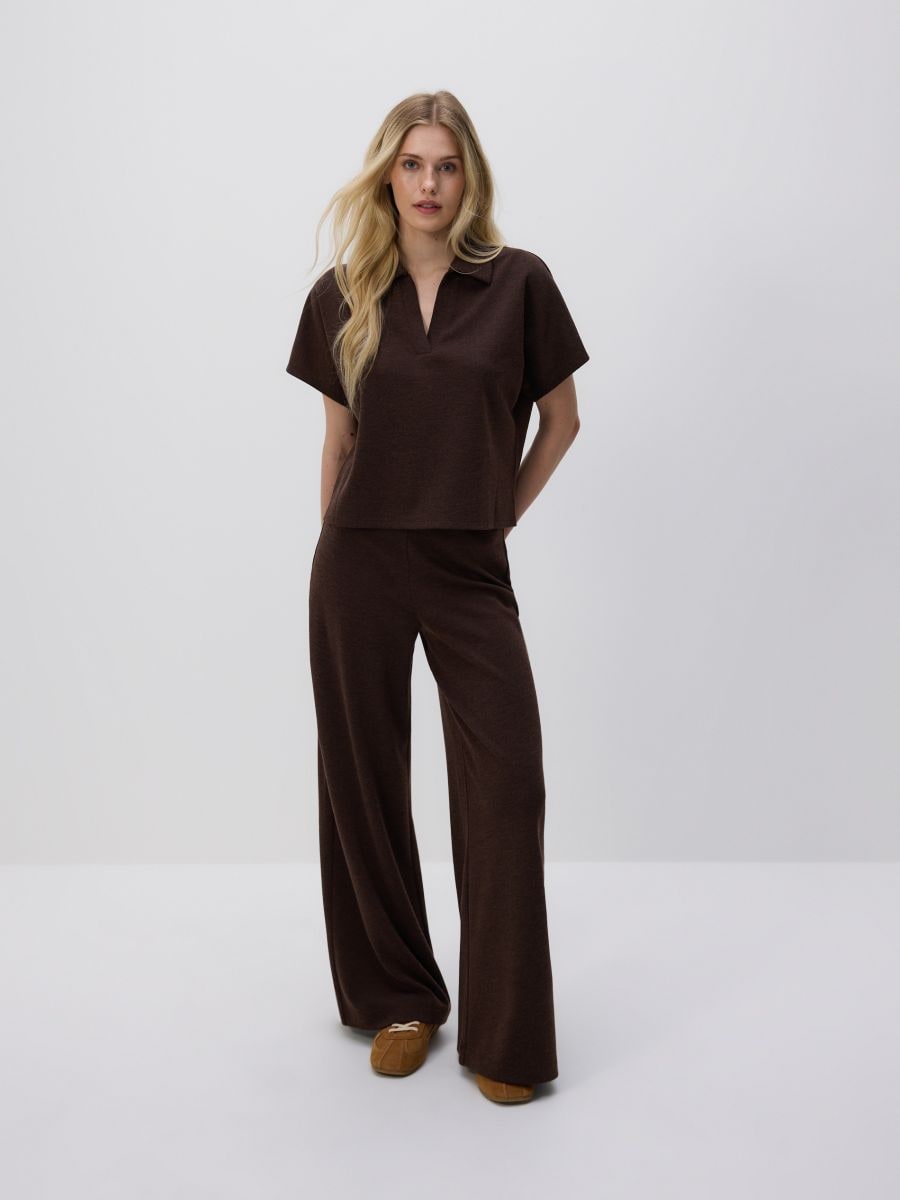 Blouse with open collar - dark brown - RESERVED