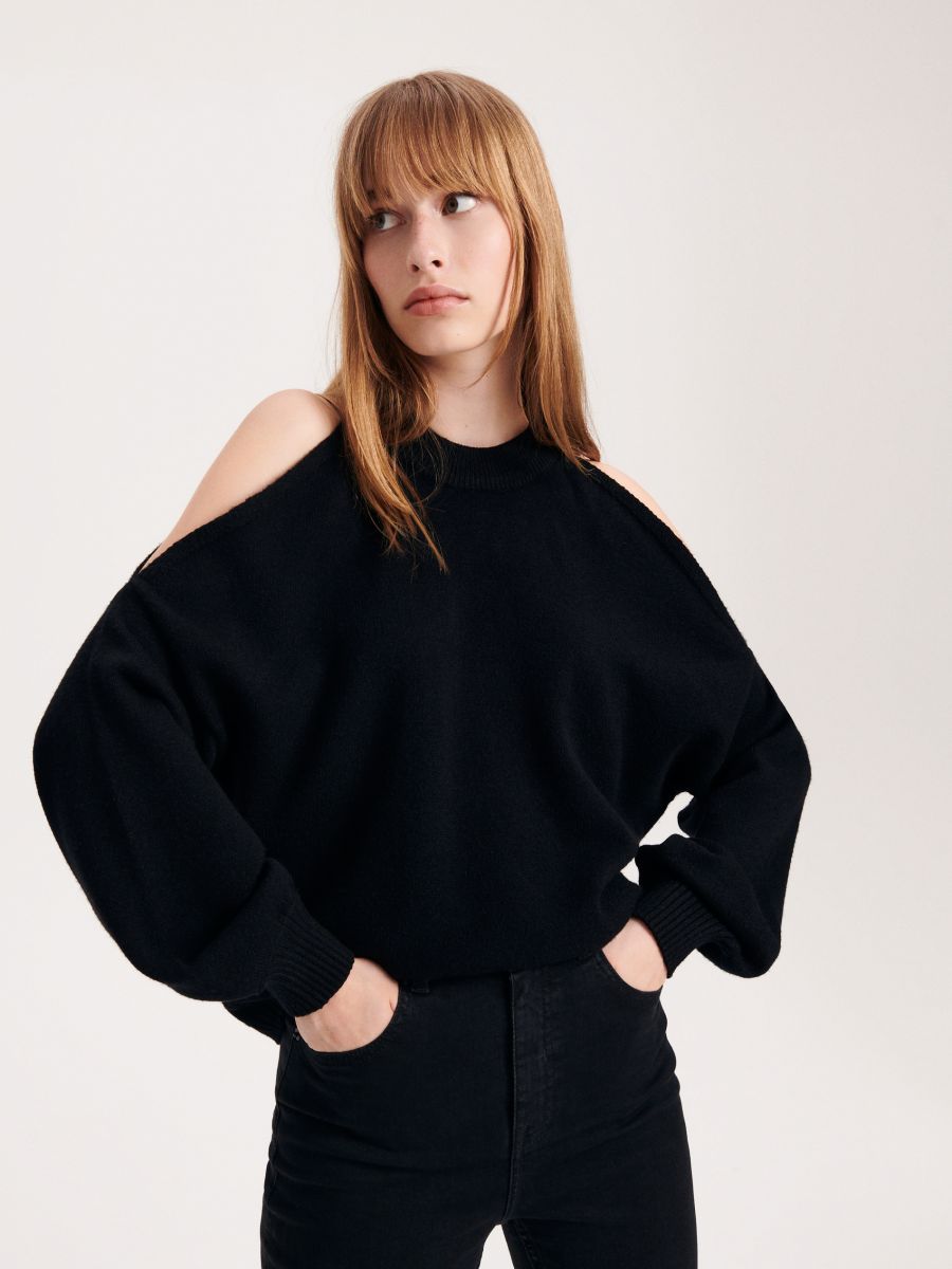 Maglione pullover maglietta spalle scoperte nero glamour felpa over size