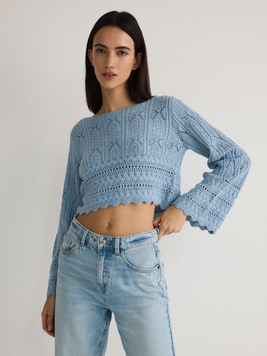 Trumpas ažūrinis megztinis - blyškiai mėlyna - RESERVED