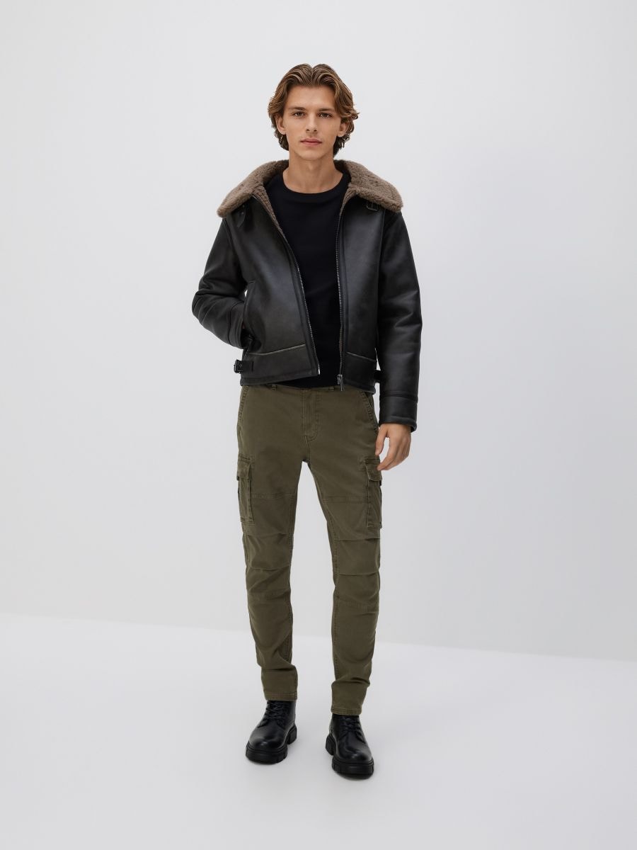 Kalhoty slim fit cargo - hnědozelená - RESERVED