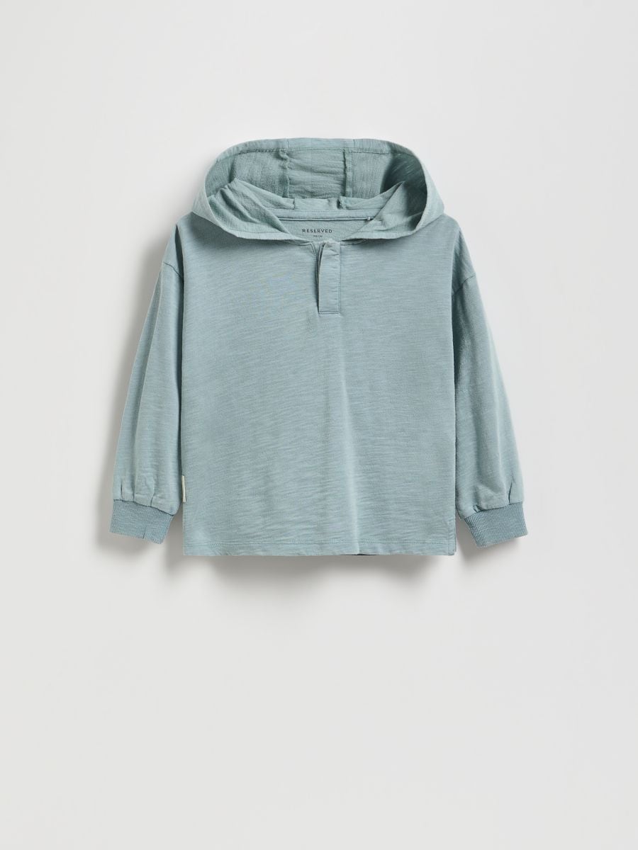 Bawełniany longsleeve z kapturem - niebieski - RESERVED