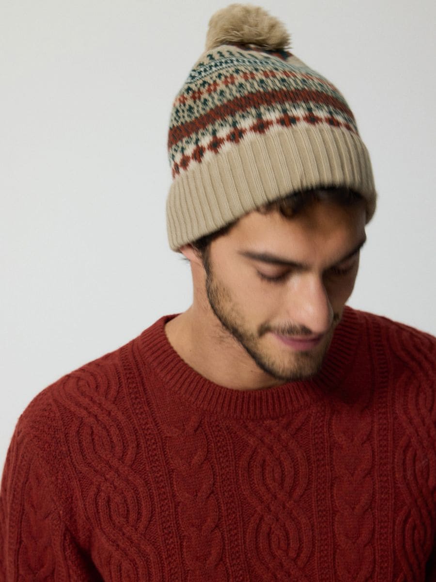 Patterned hat with pompom - beige - RESERVED - 4