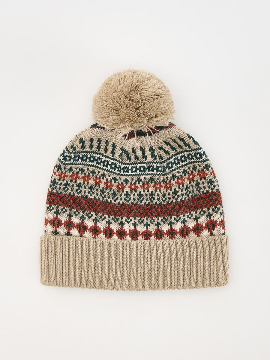 Patterned hat with pompom - beige - RESERVED