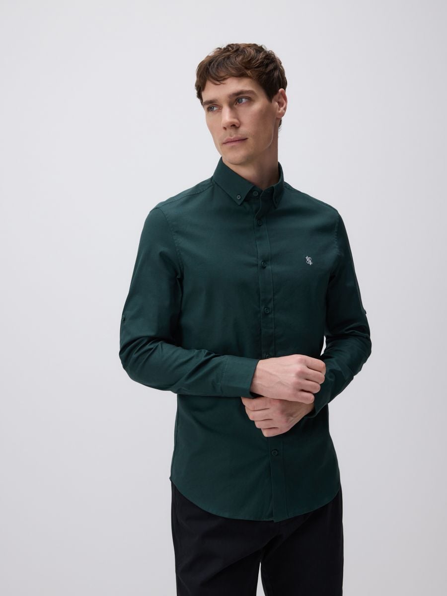 Slim fit cotton rich shirt - dark green - RESERVED