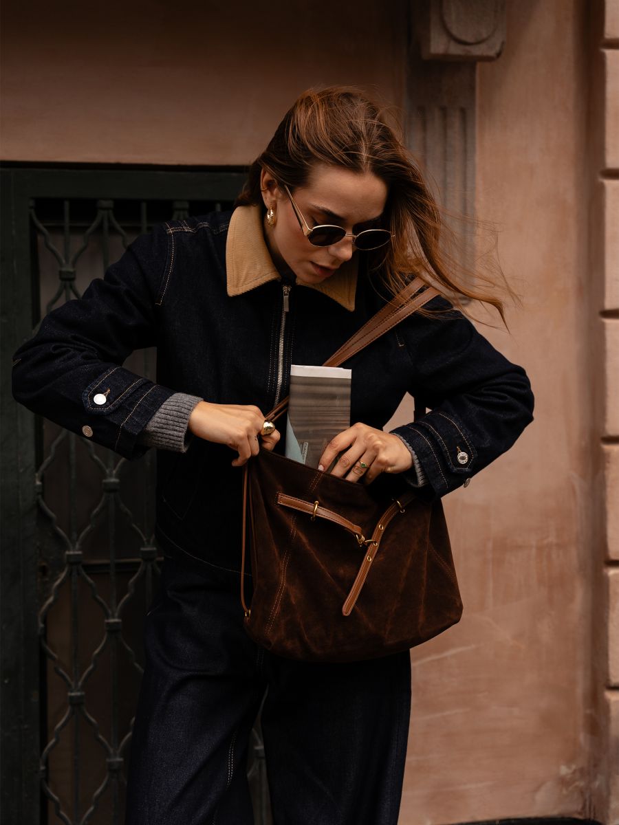 Faux suede shoulder bag - brown - RESERVED