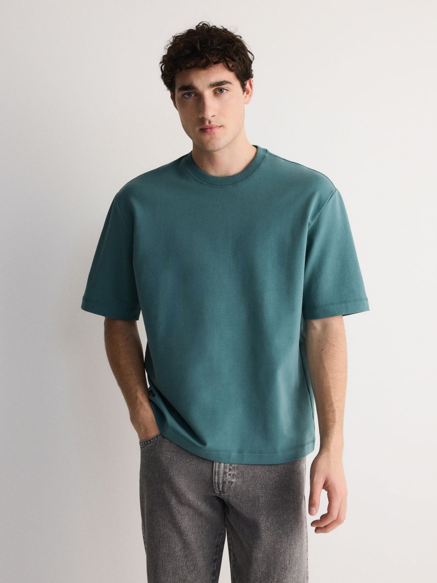 Plain boxy T-shirt - teal green - RESERVED