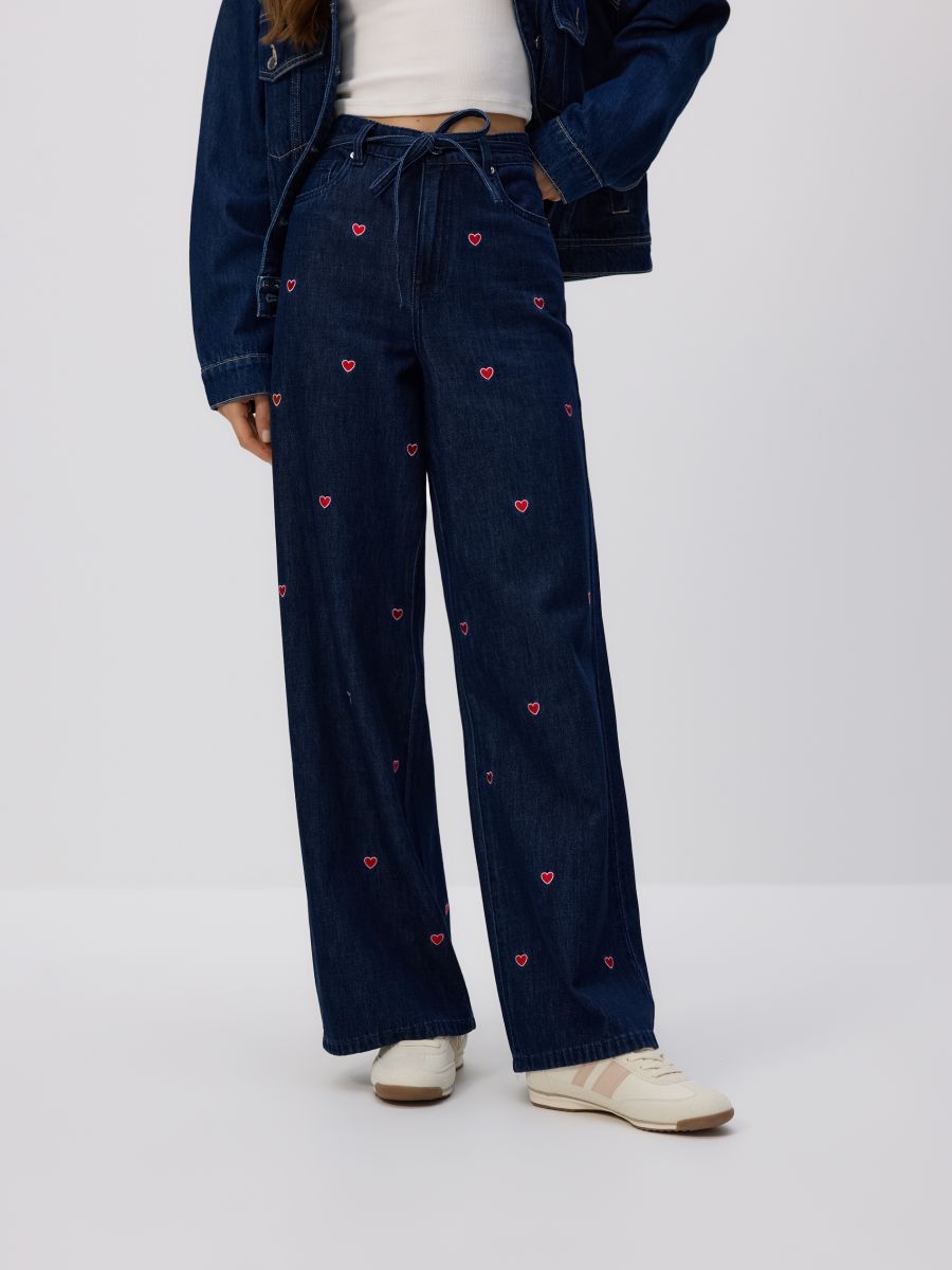 Wide leg jeans with embroidery detailing - navy - RESERVED
