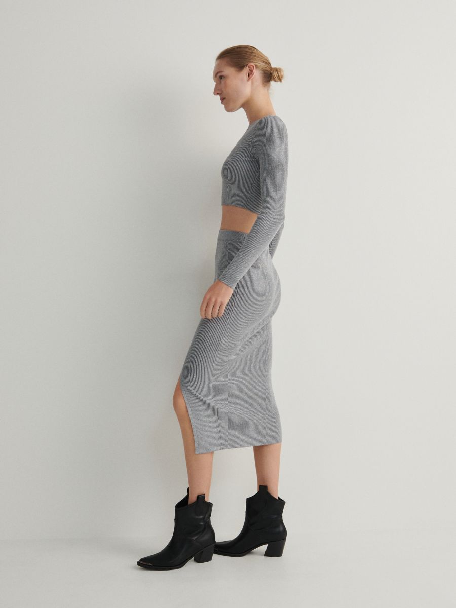 Midi suknja s mješavinom metalik prediva - siva - RESERVED