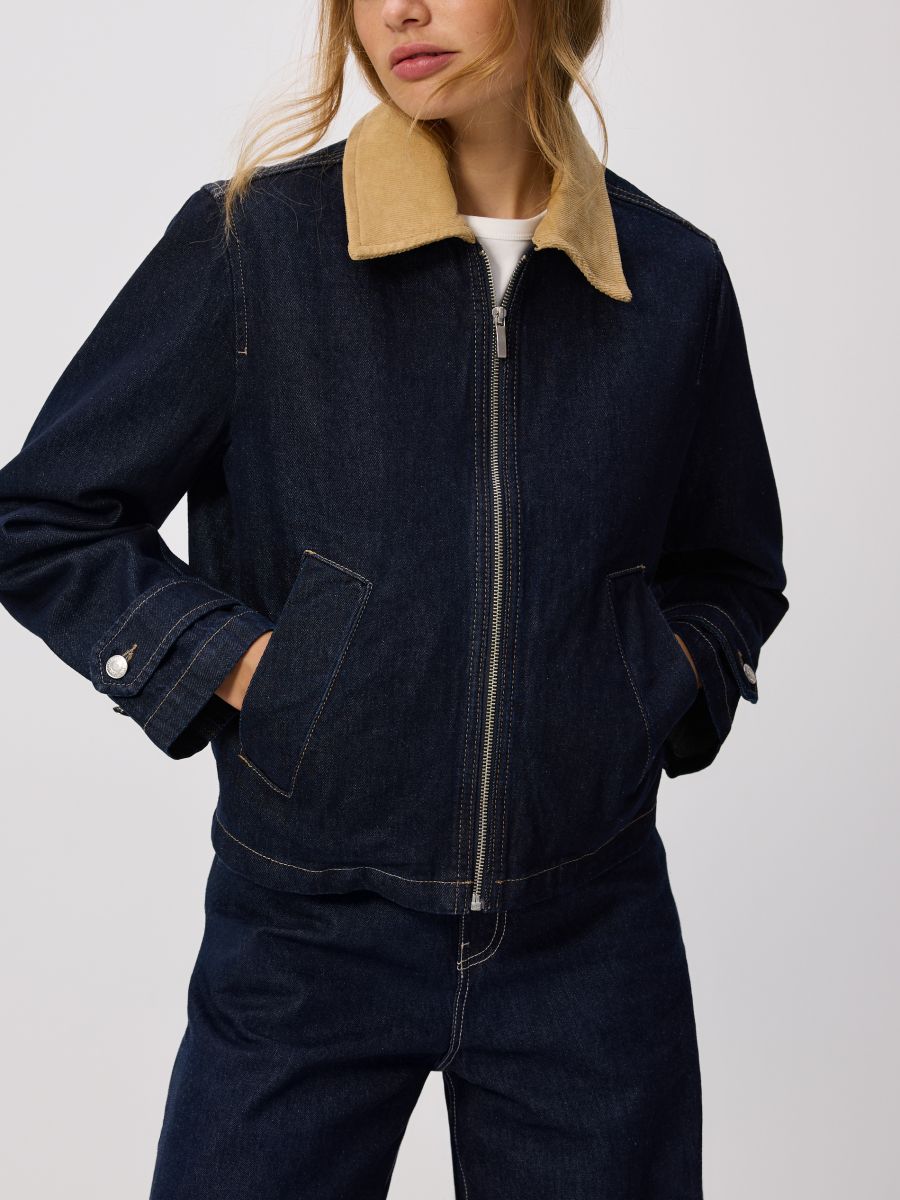 Denim jacket with contrasting collar - navy - RESERVED