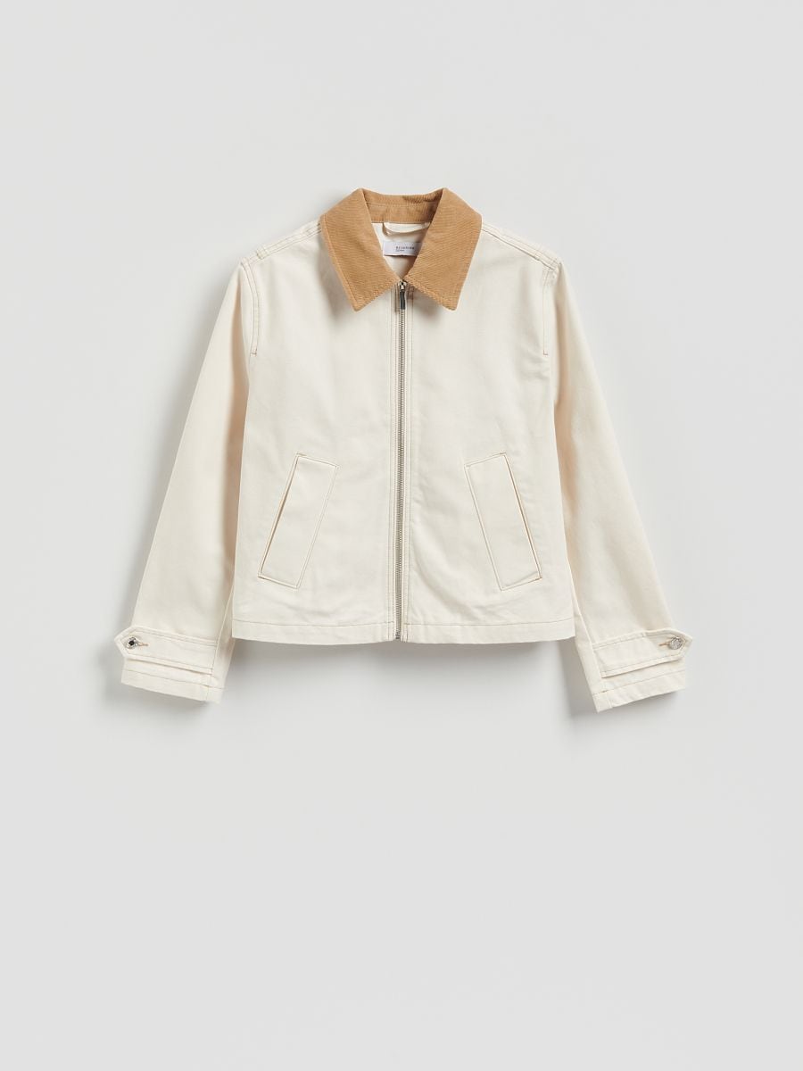 Denim jacket with contrasting collar - cream - RESERVED