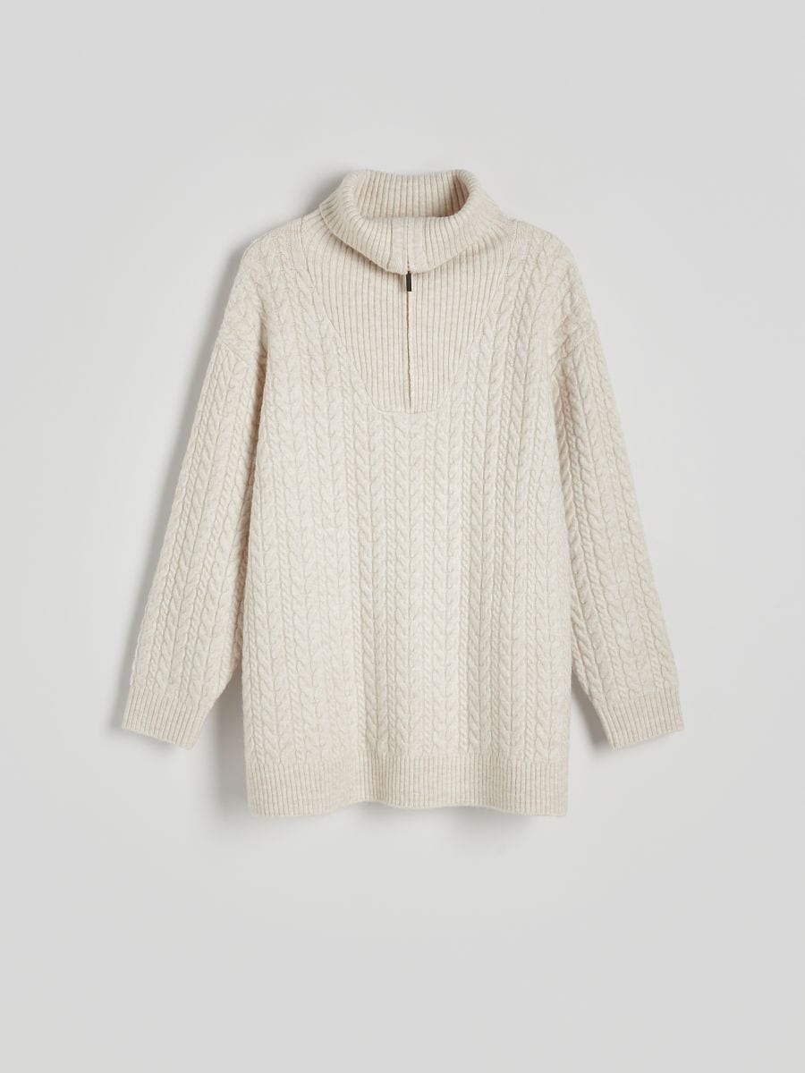 Zipped turtle-neck sweater - beige - RESERVED