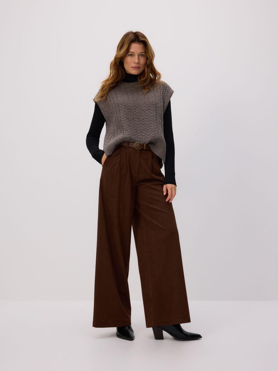 Wide leg trousers with belt - dark brown - RESERVED