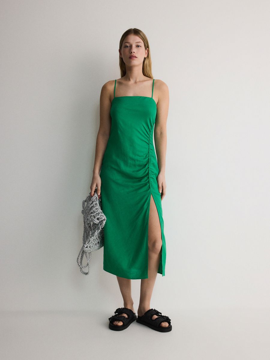 Viscose rich midi dress with linen blend COLOUR green RESERVED 663AA 77X