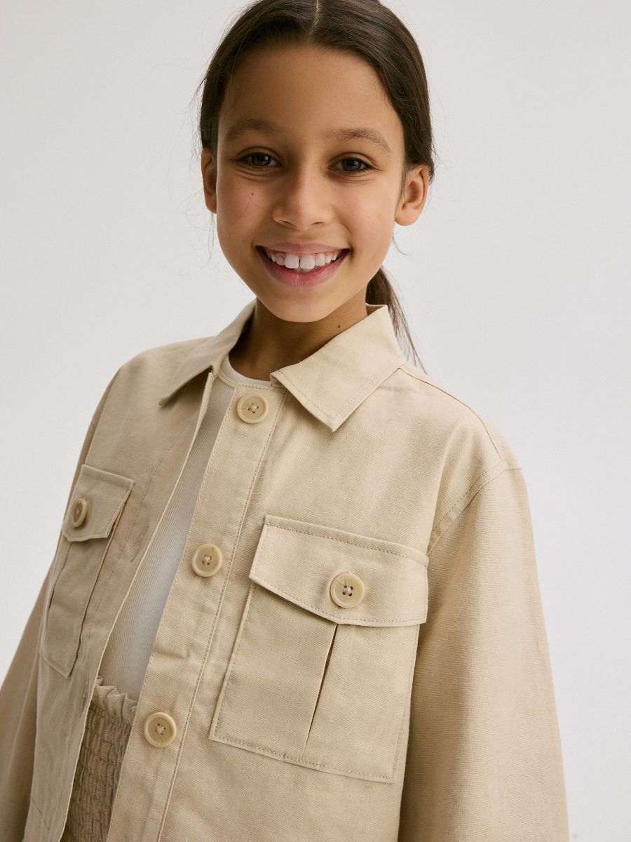 Cropped jacket with linen blend - cream - RESERVED