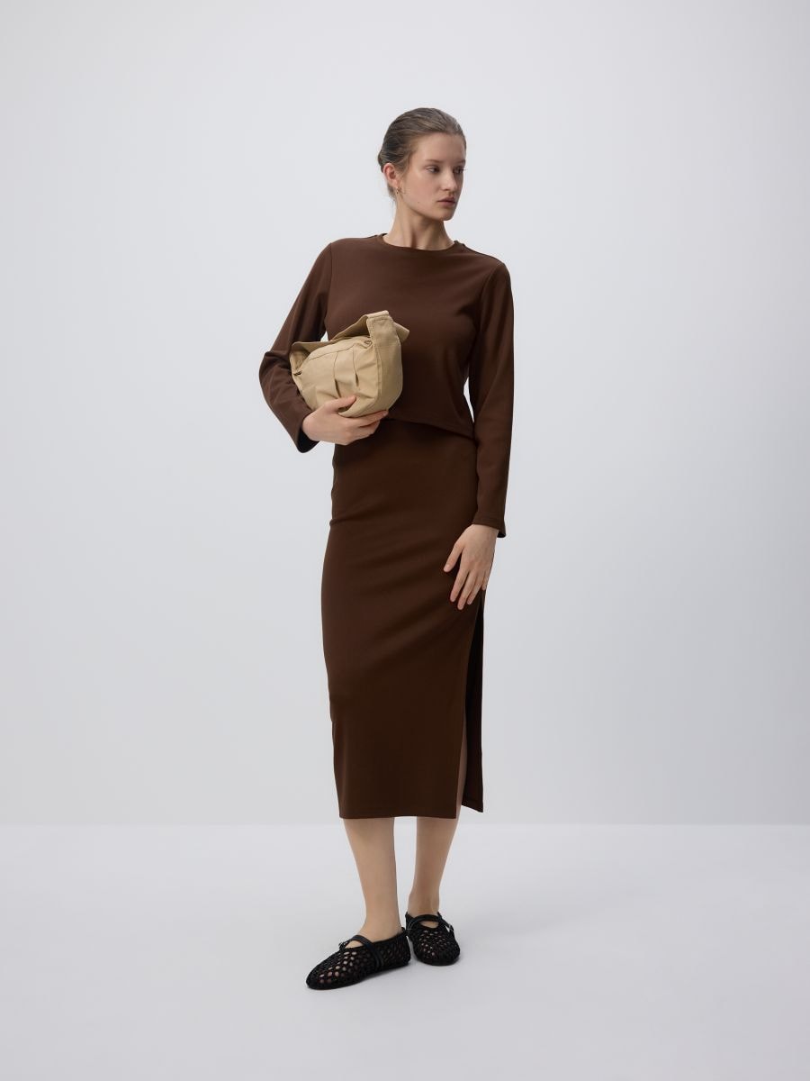 Smooth sweatshirt with viscose - dark brown - RESERVED