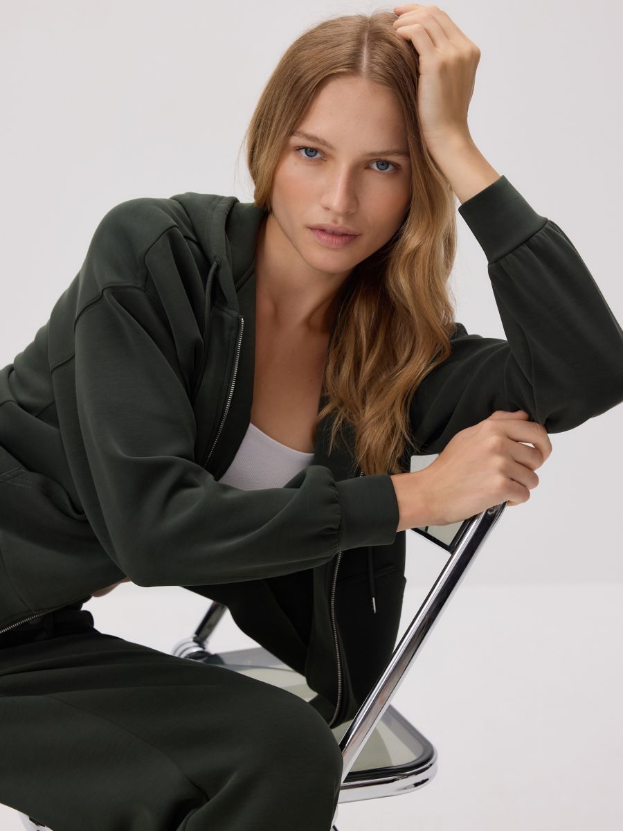 Zip-up sweatshirt with modal - dark green - RESERVED
