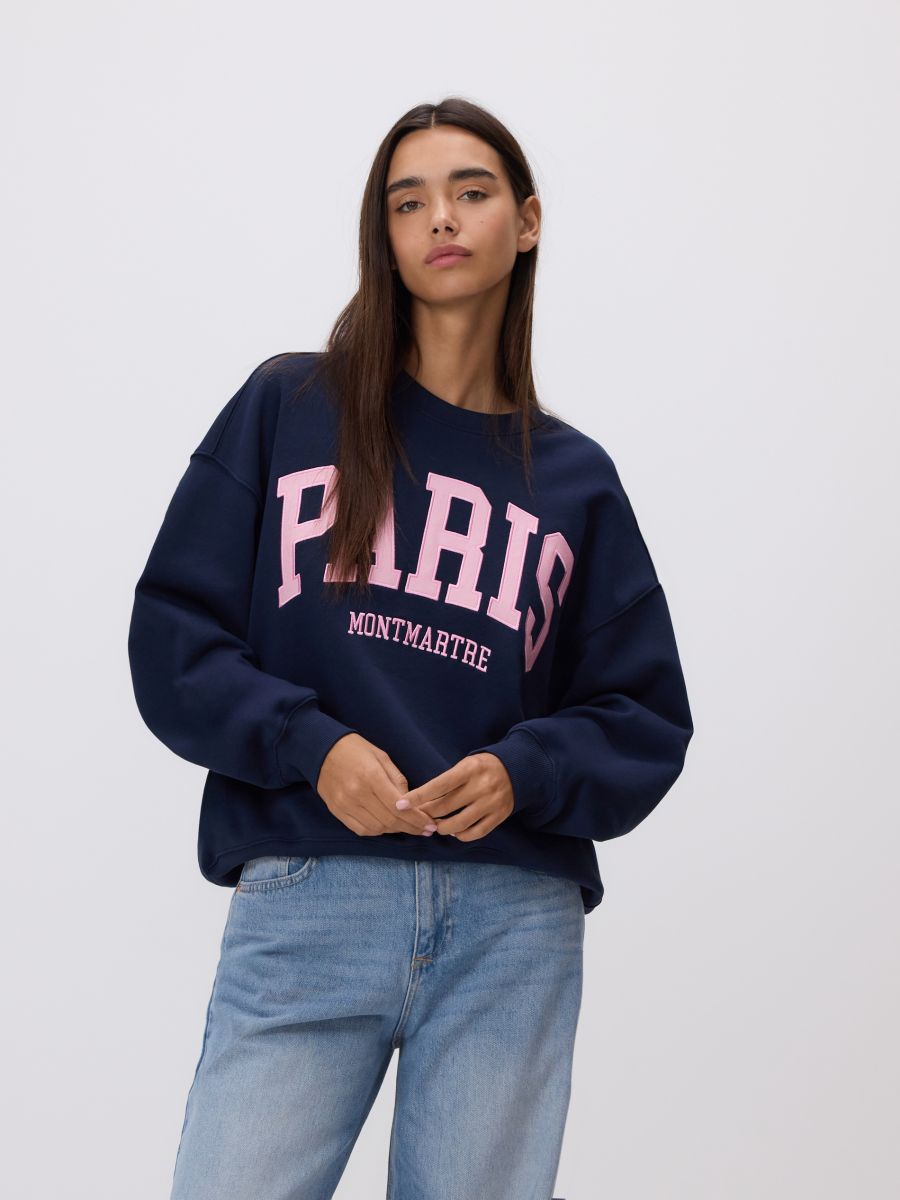 Hoodie with embroidered slogan - navy - RESERVED