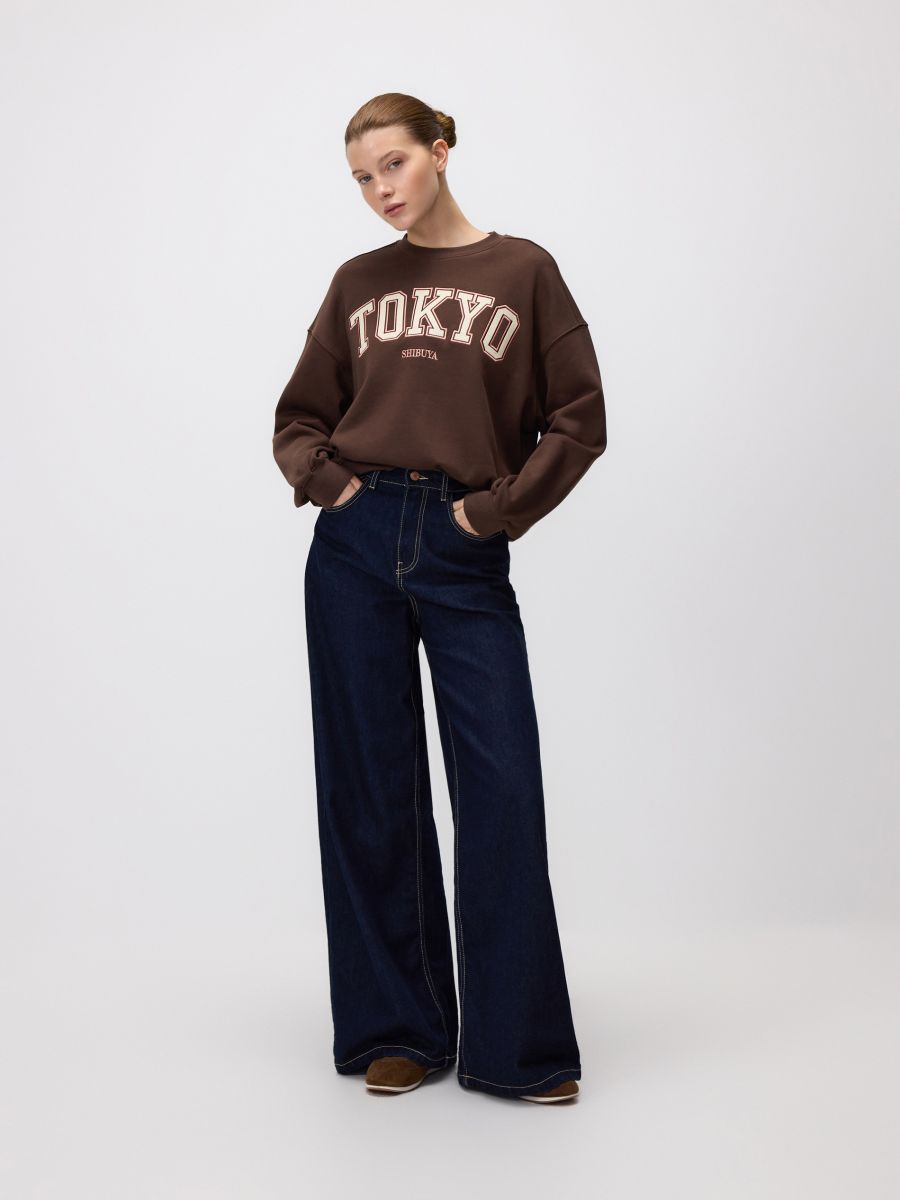 Hoodie with embroidered slogan - dark brown - RESERVED