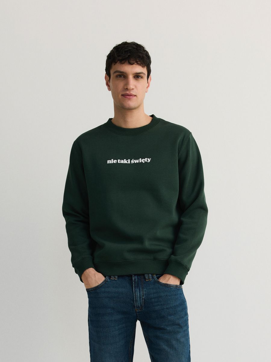 Sweatshirt with Christmas slogan - dark green - RESERVED