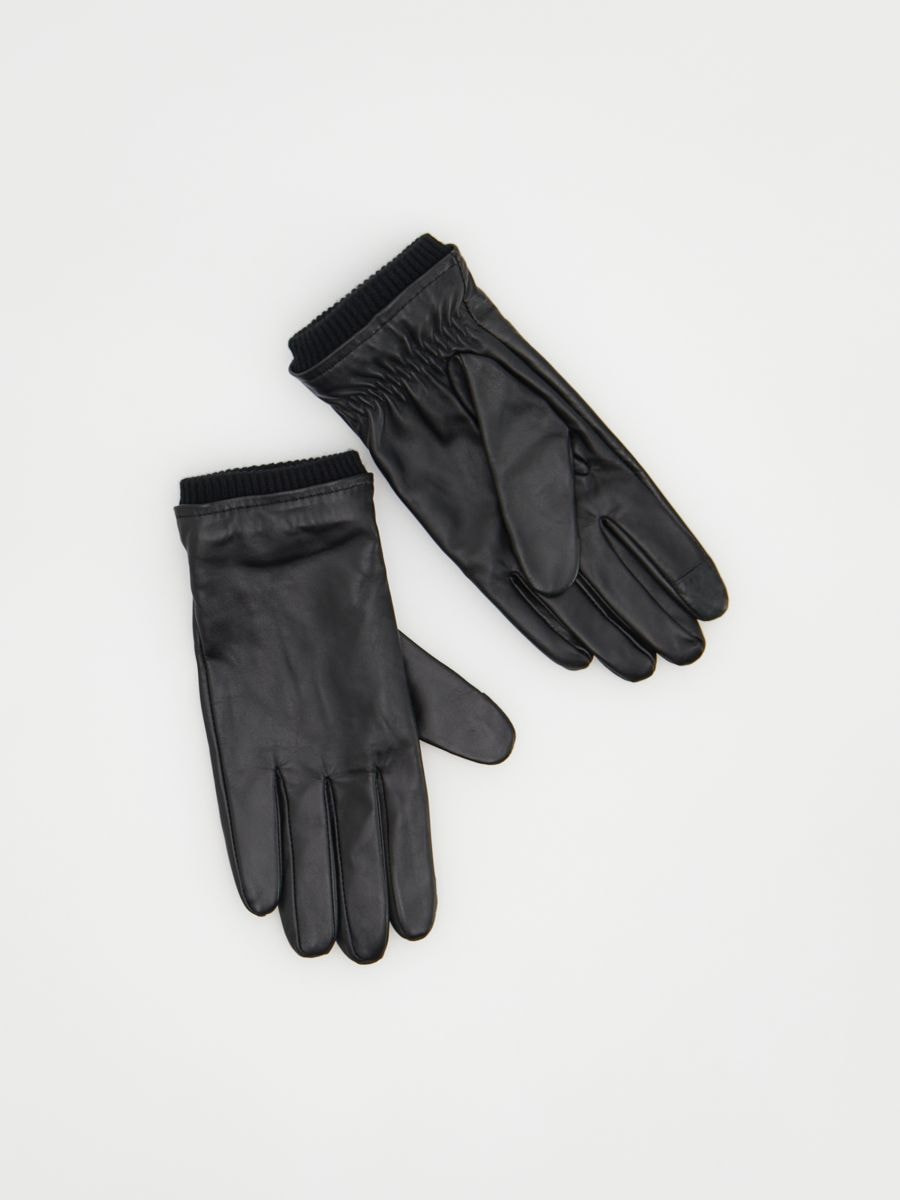 Leather gloves with ribbing - black - RESERVED