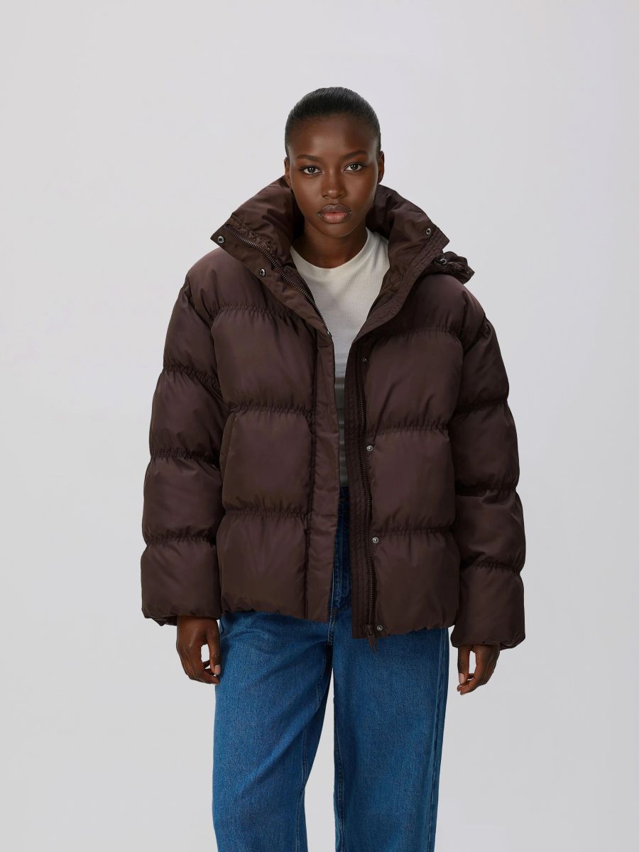 Quilted jacket with hood - dark brown - RESERVED