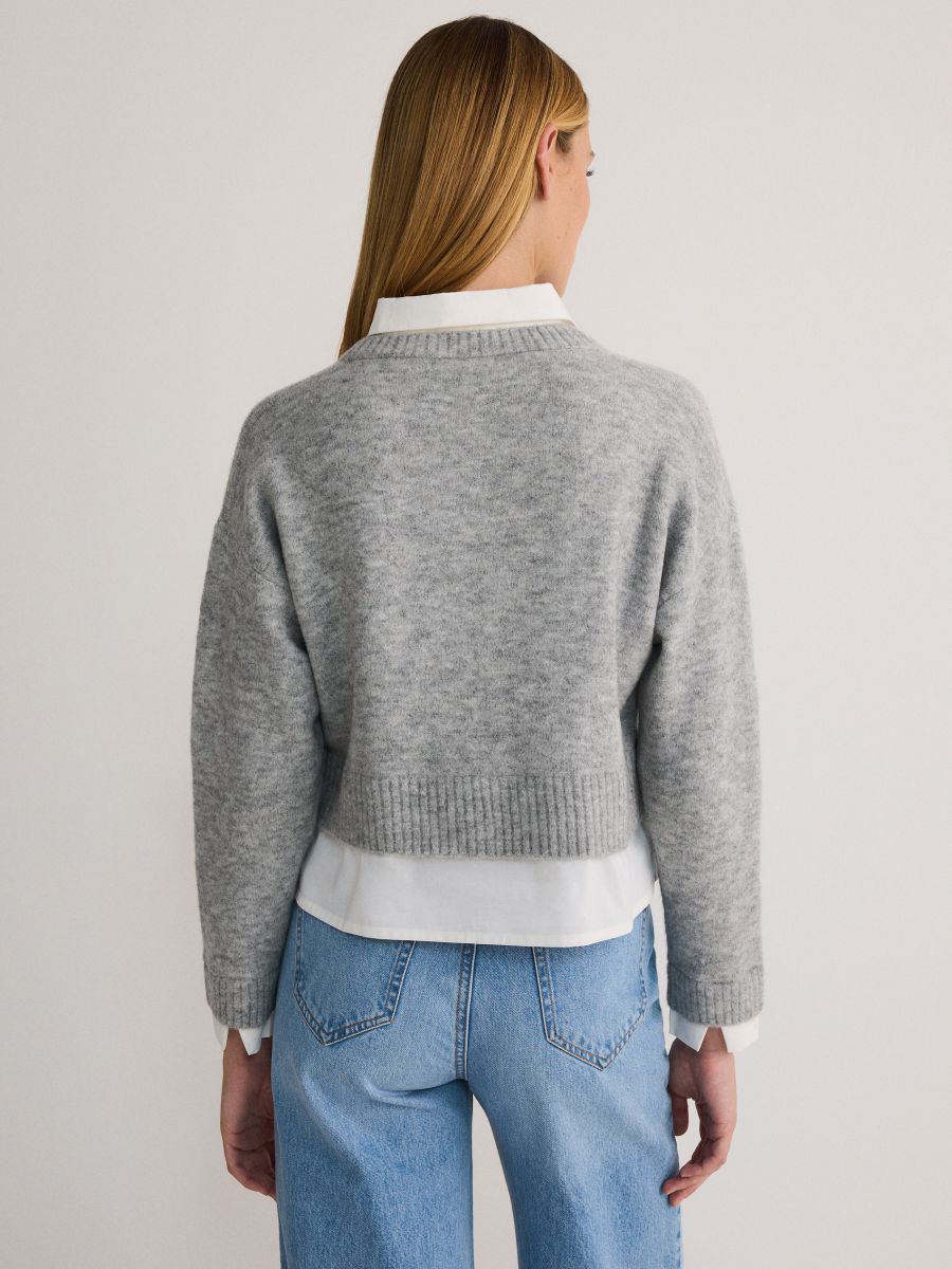 Krótki sweter z koszulowymi elementami - jasnoszary - RESERVED - 6