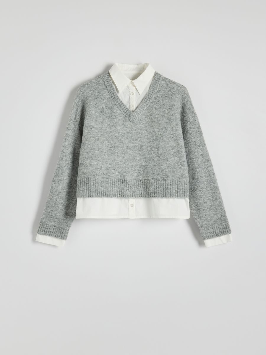 Krótki sweter z koszulowymi elementami - jasnoszary - RESERVED - 7