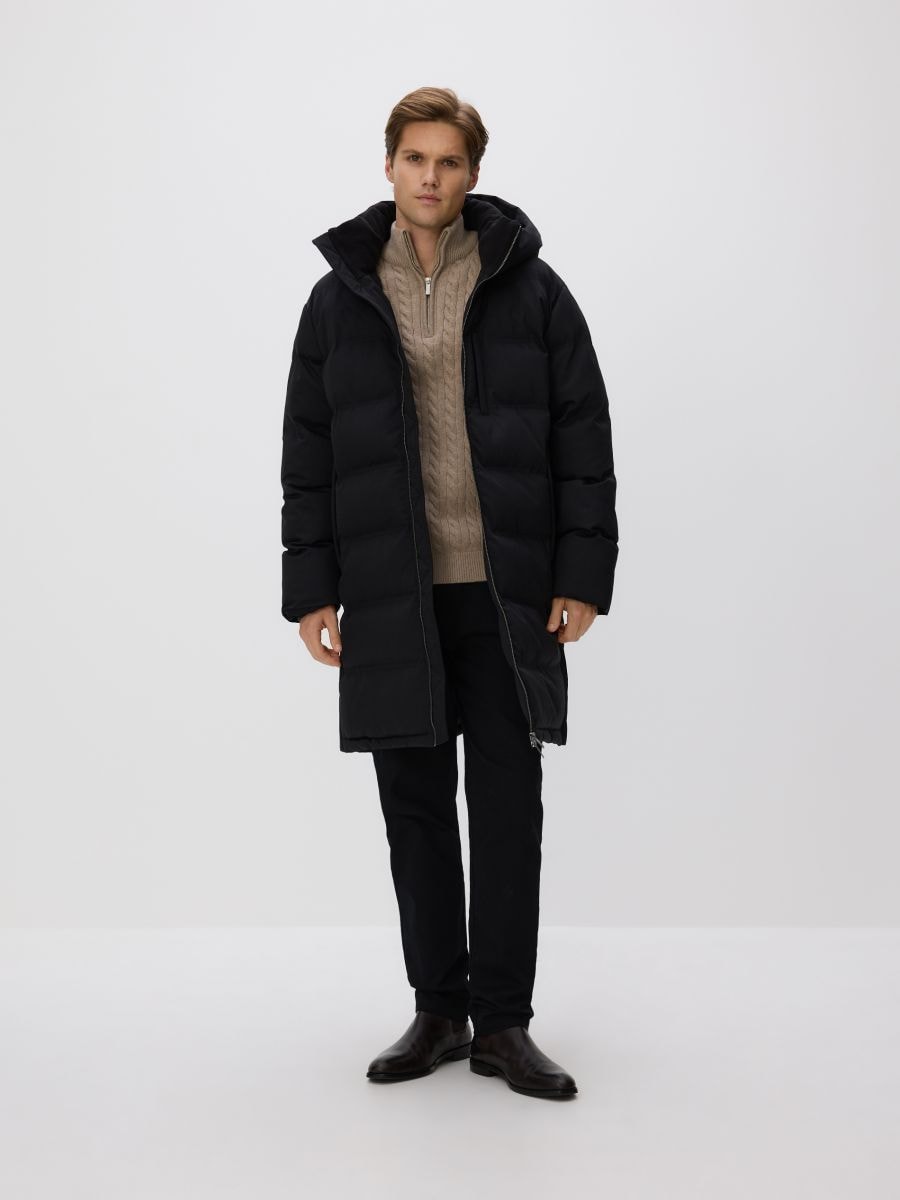 Longline quilted jacket with hood - black - RESERVED