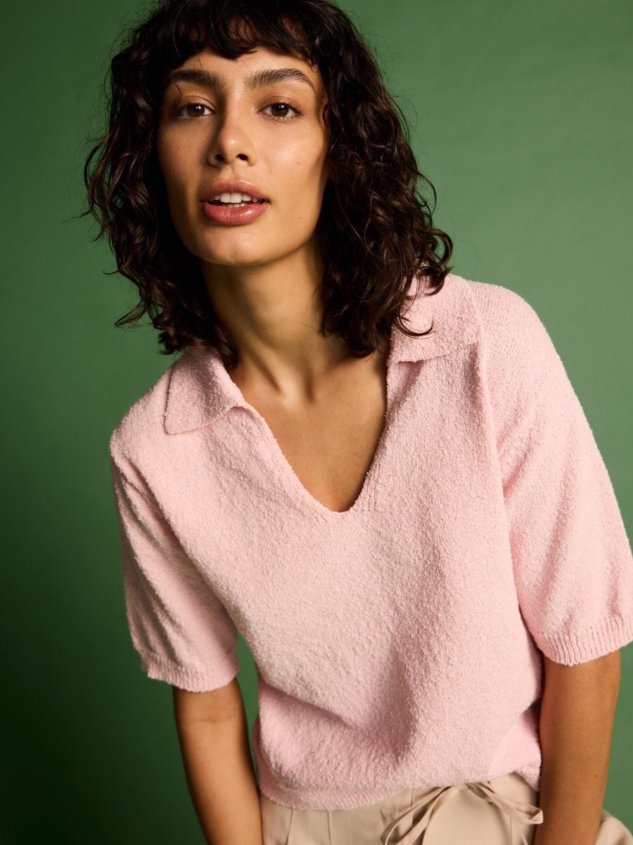 Bluza od žerseja u stilu polo majice - pastelno pink  - RESERVED