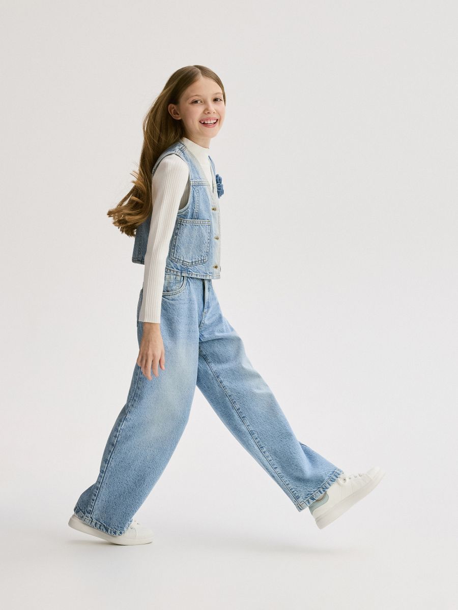 【INCHANT ME】[unisex] Stripe Snap Wide Denim Jeansy wide leg z wysokim stanem Kolor niebieski - RESERVED