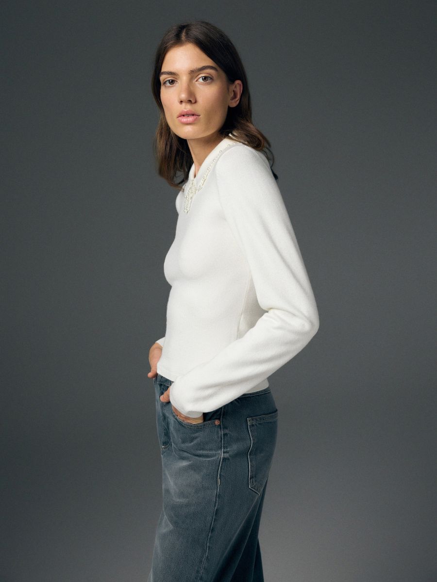 Sweater with decorative collar - nude - RESERVED - 3