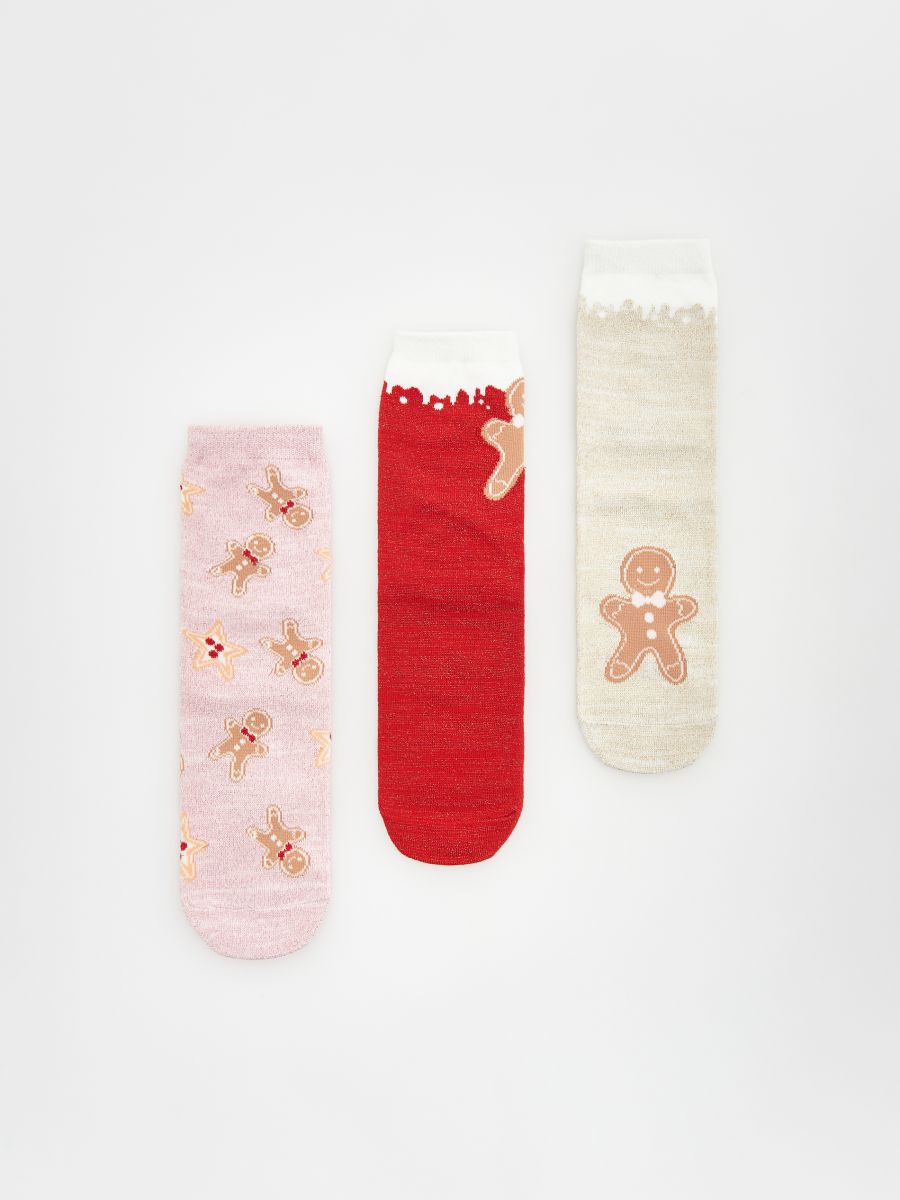 3 kalėdinių kojinių porų su iškiliomis detalėmis pakuotė - raudona - RESERVED