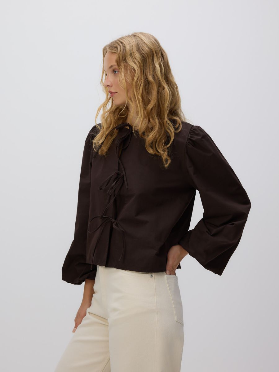 Cotton blouse with tie detail - dark brown - RESERVED