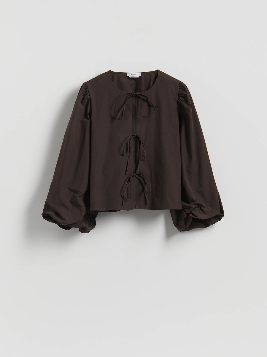 Cotton blouse with tie detail - dark brown - RESERVED