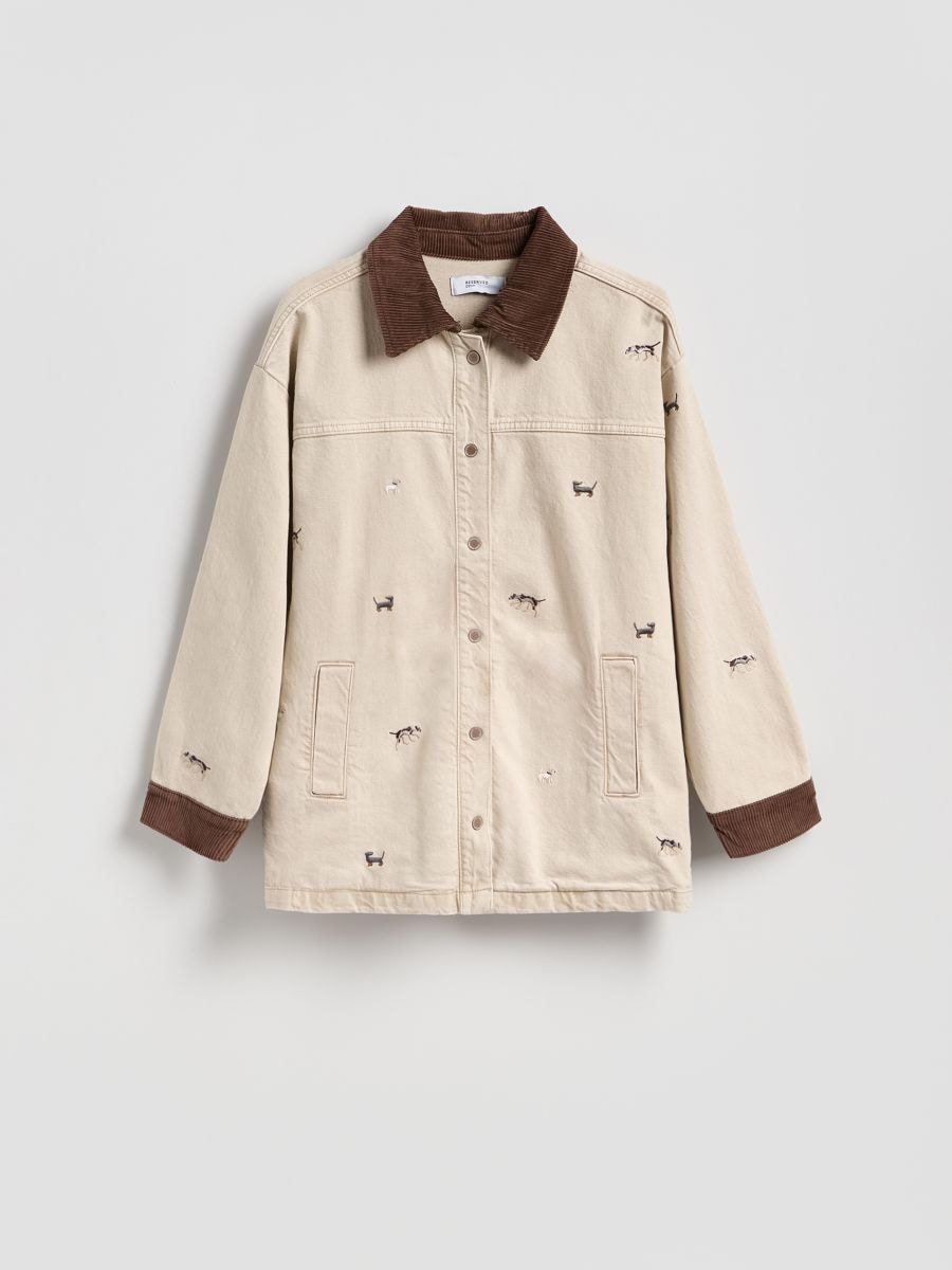 Denim jacket with embroidery - beige - RESERVED