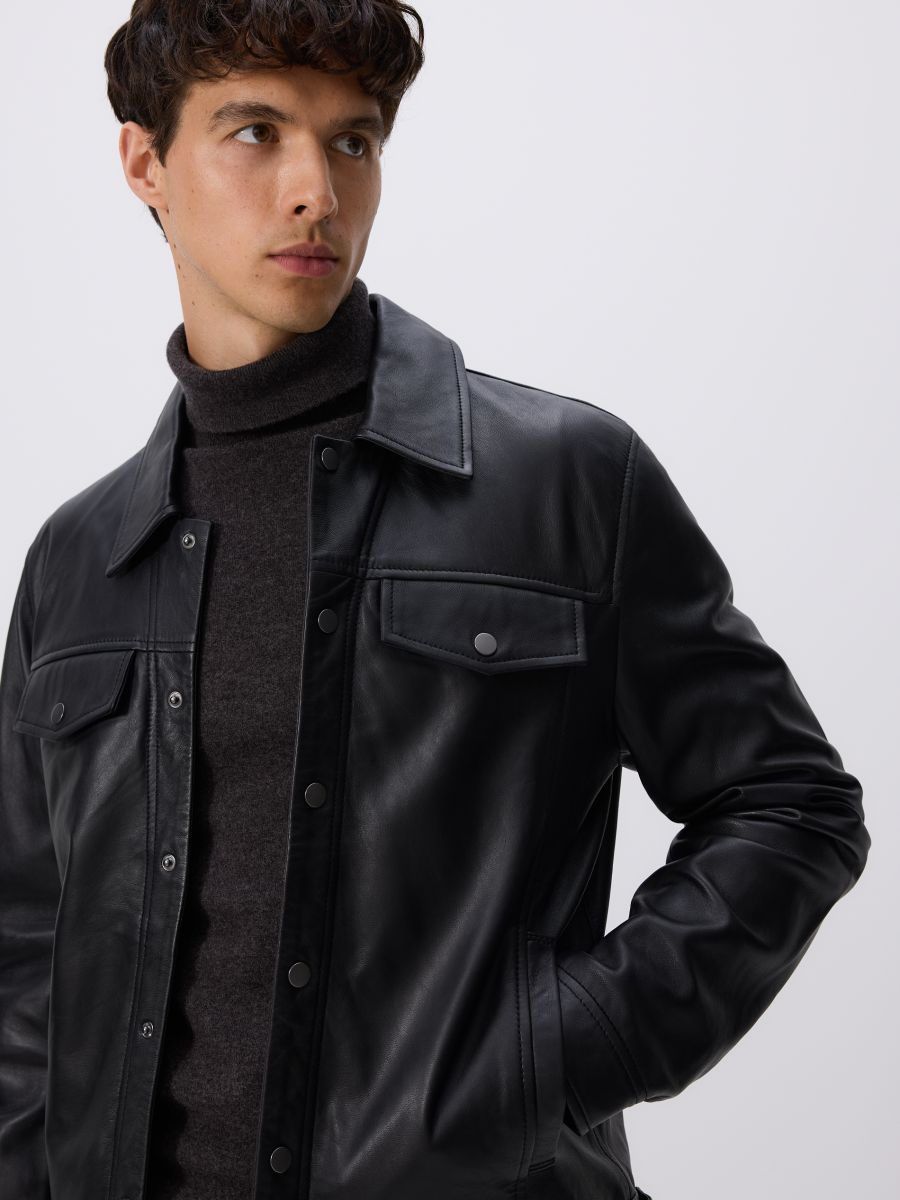 Leather jacket with collar - black - RESERVED