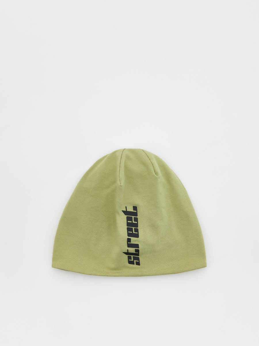 Kokvilnas cepure ar uzrakstu - olīvkrāsa - RESERVED