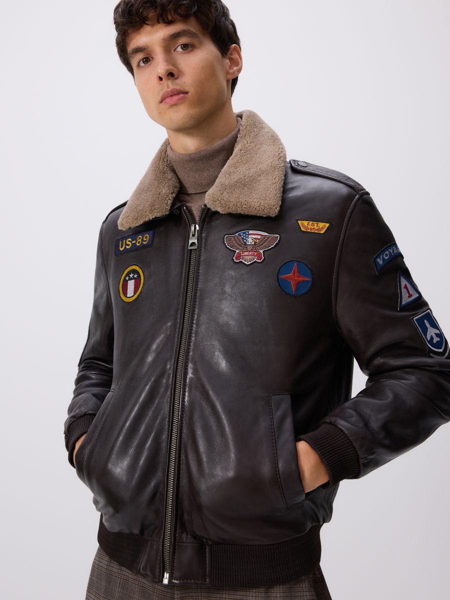 Leather jacket with collar - dusty brown - RESERVED