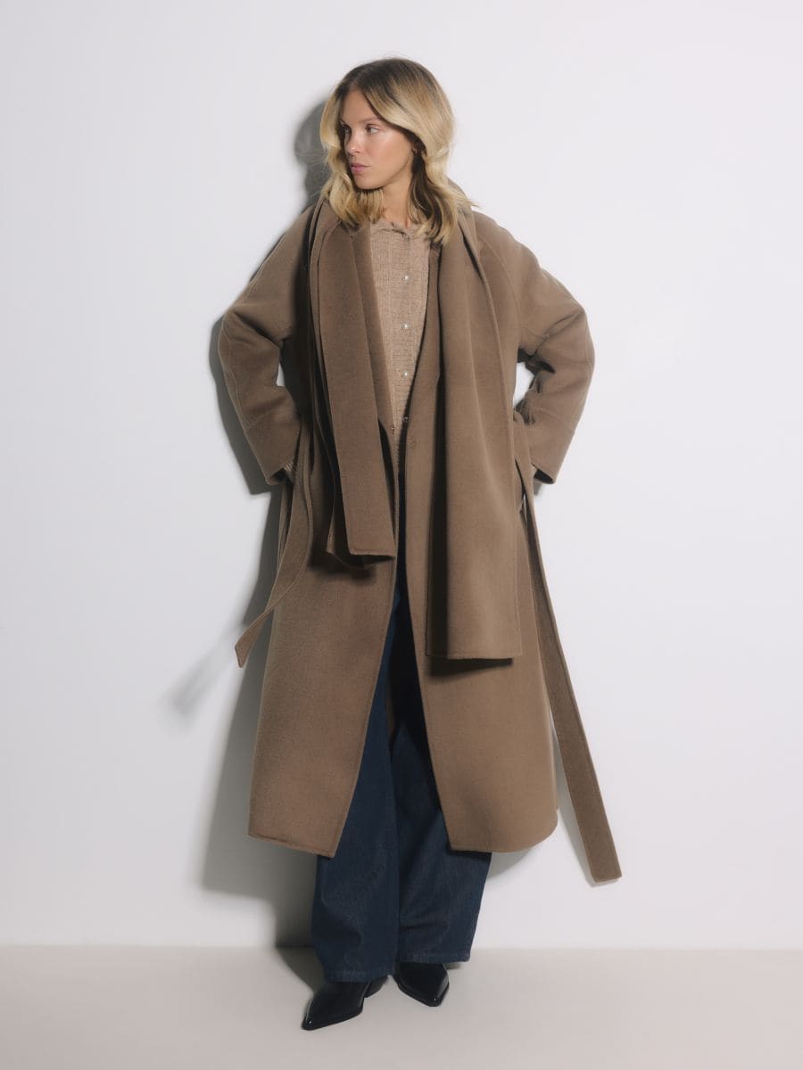 Płaszcz handmade z odpinanym szalem - beżowy - RESERVED