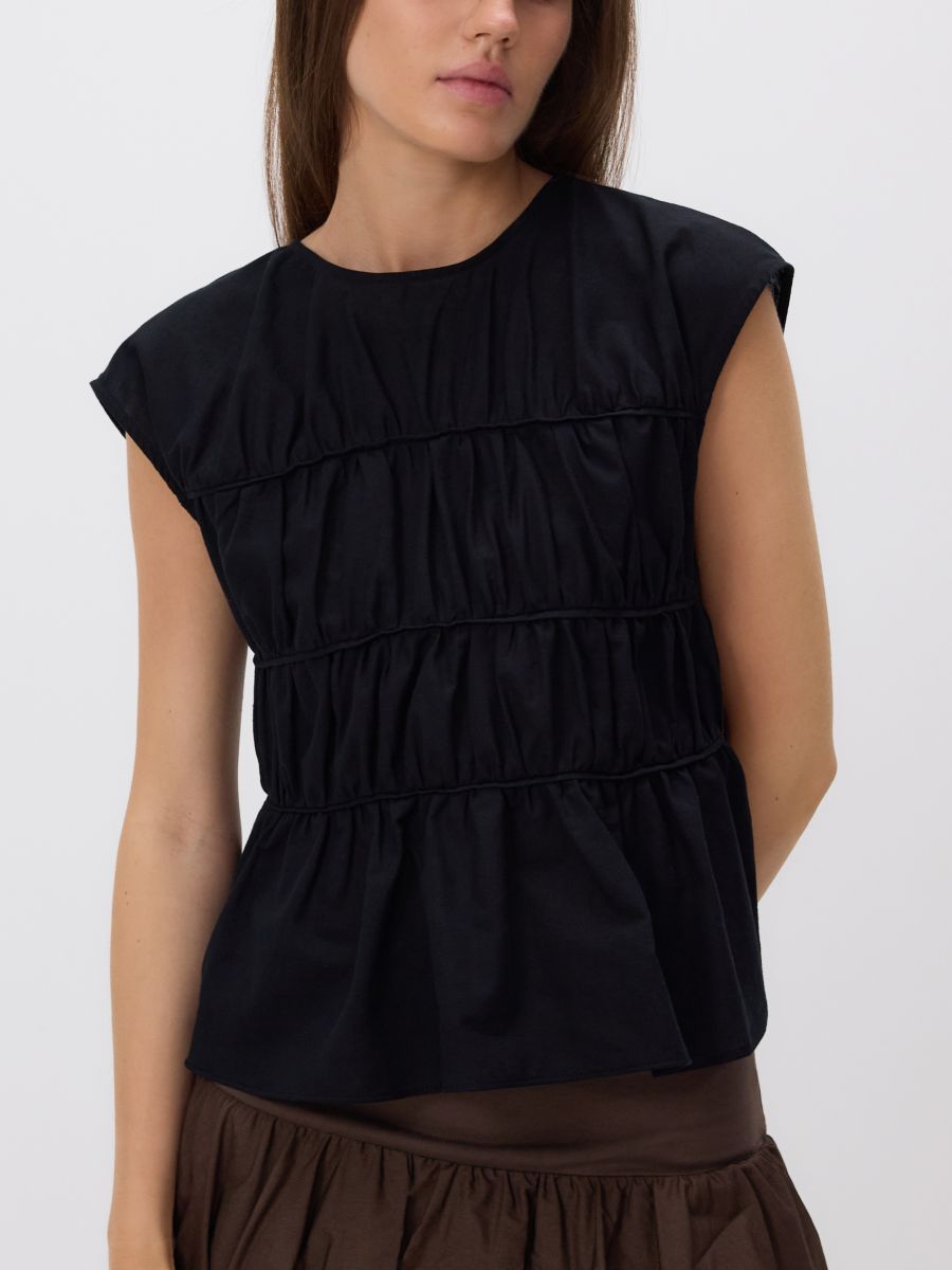 Ruched blouse with linen blend - black - RESERVED