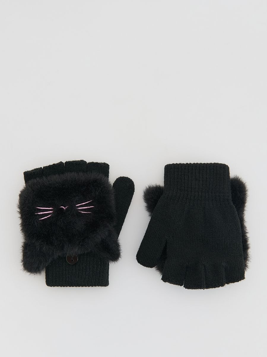 Mittens with fur and ears - black - RESERVED