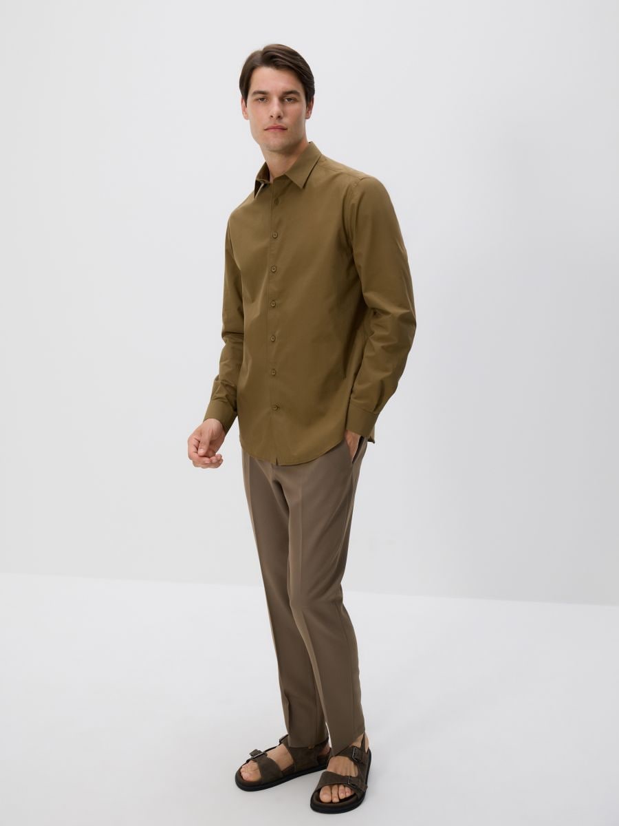 Regular fit cotton shirt - brownish green - RESERVED