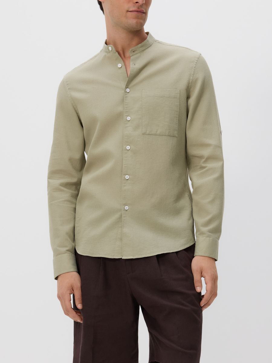 Koszula slim fit ze stójką - oliwkowy - RESERVED - 3