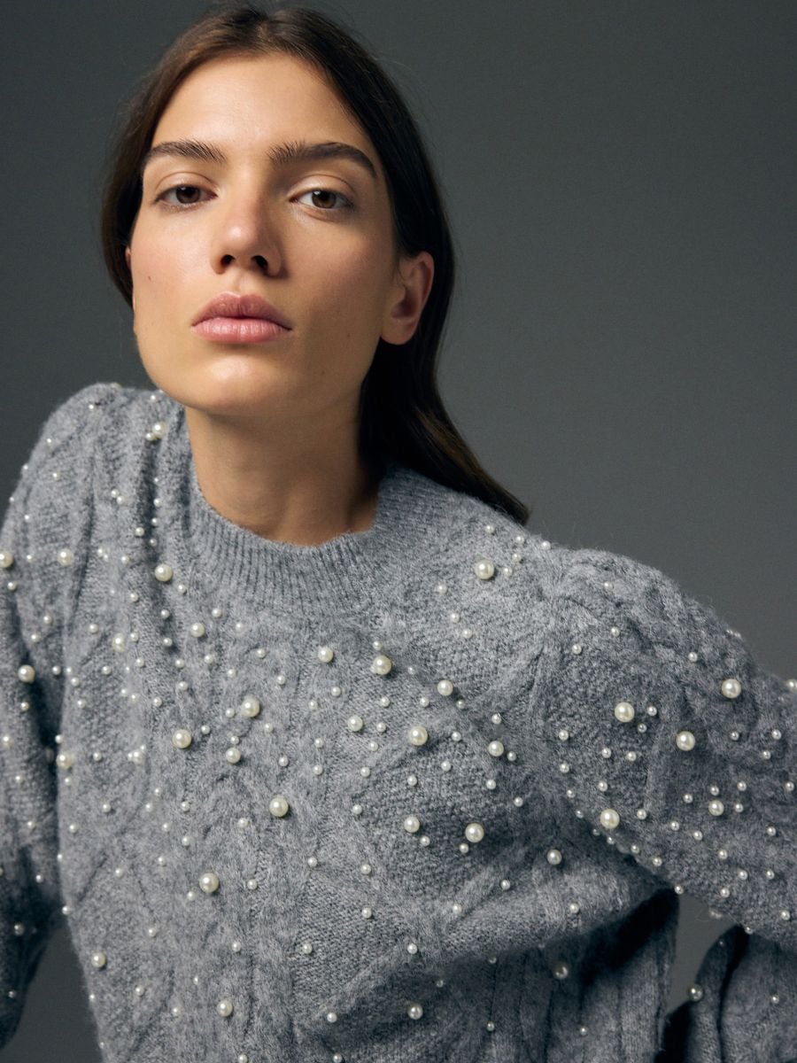 Pullover aus Wollgemisch mit Perlen - mittelgrau - RESERVED - 2