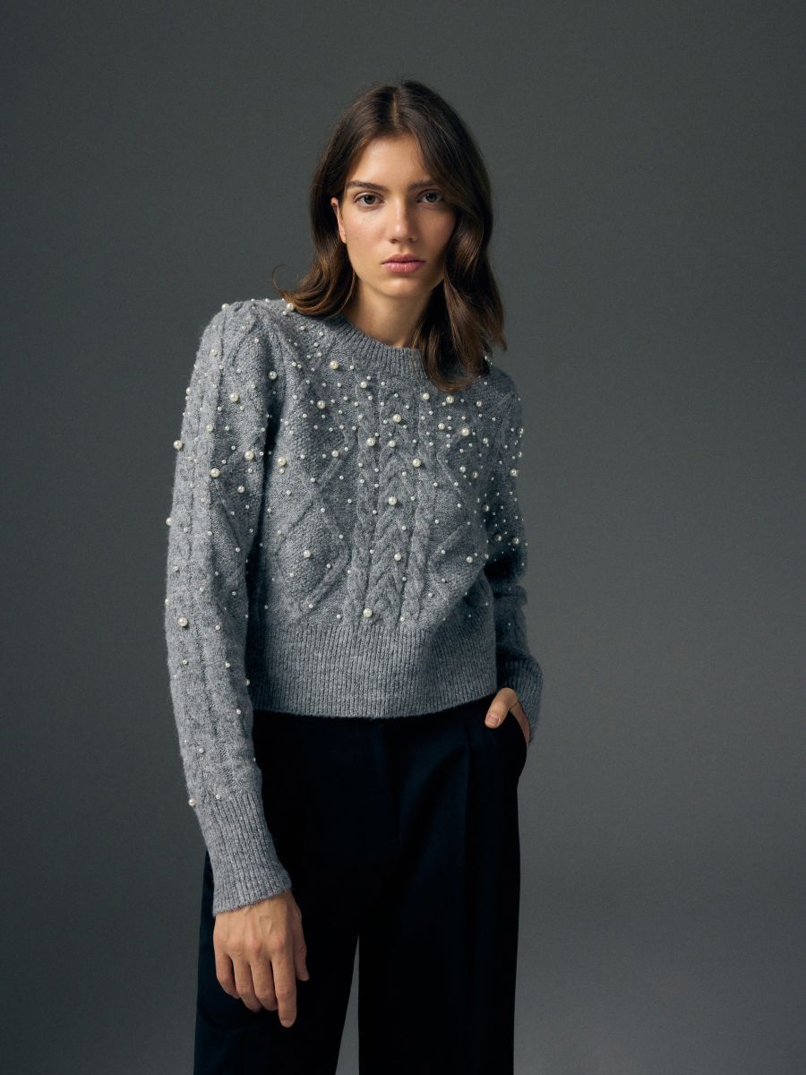 Pullover aus Wollgemisch mit Perlen - mittelgrau - RESERVED - 3