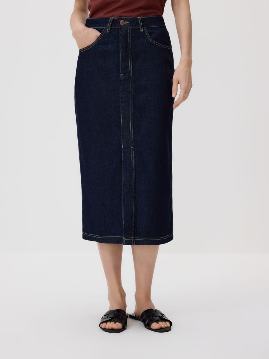 Denim midi skirt - navy - RESERVED