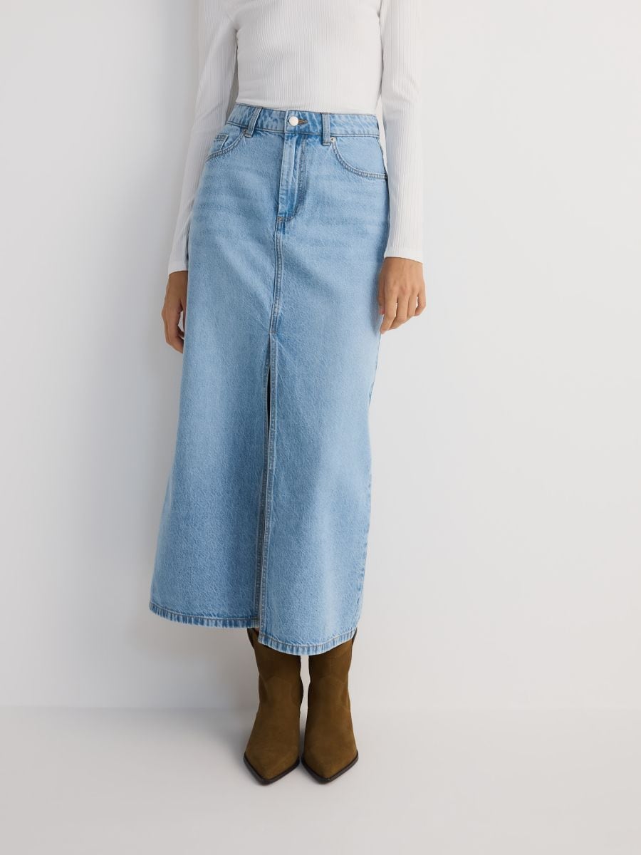 Denim midi skirt with split - blue - RESERVED